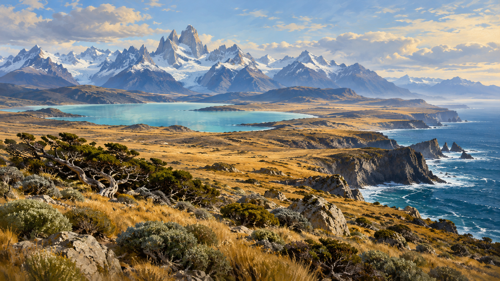 Composición artística de montañas, estepa y costa patagónica